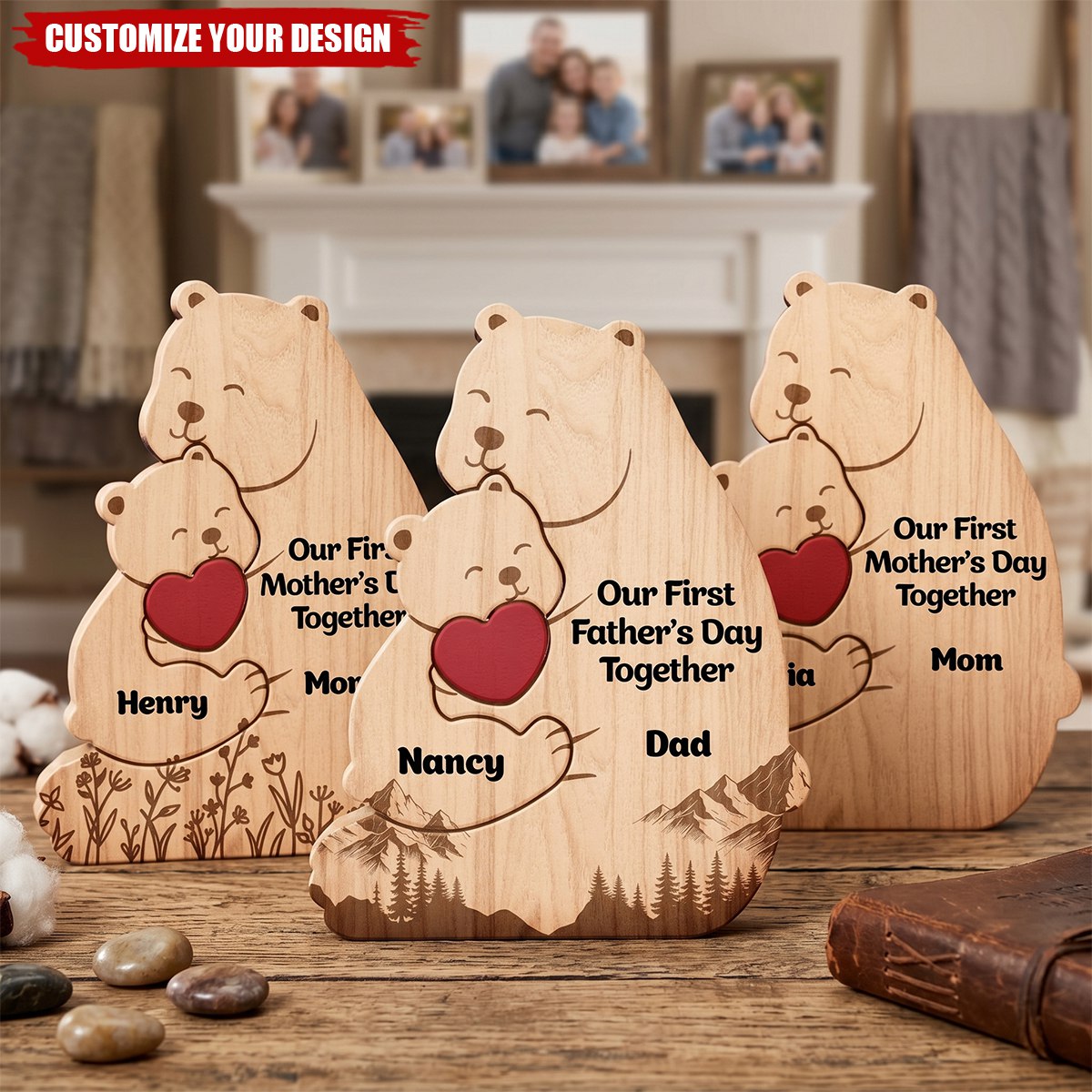 Hugging Mama Papa Bear & Baby Cub - Personalized Custom Shaped Wooden Puzzle