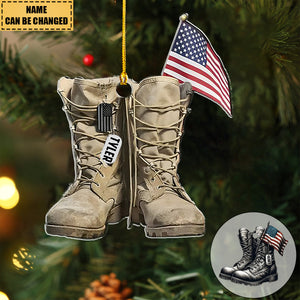 Military Boots And American Flag Personalized Shaped Ornament - Perfect Gift For Soliders