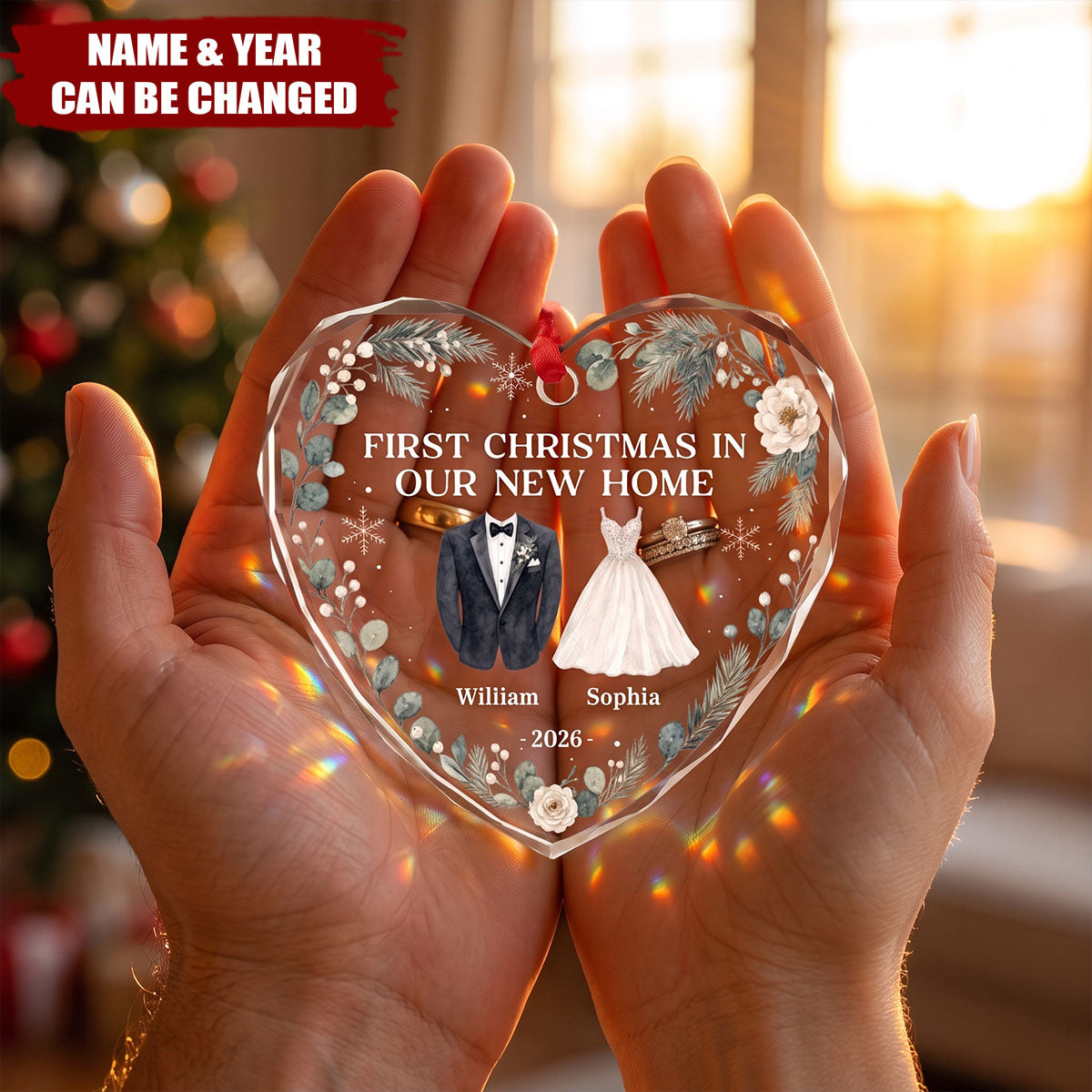 Custom First Christmas Heart Glass Ornament - Personalized Anniversary Christmas Wedding Gifts