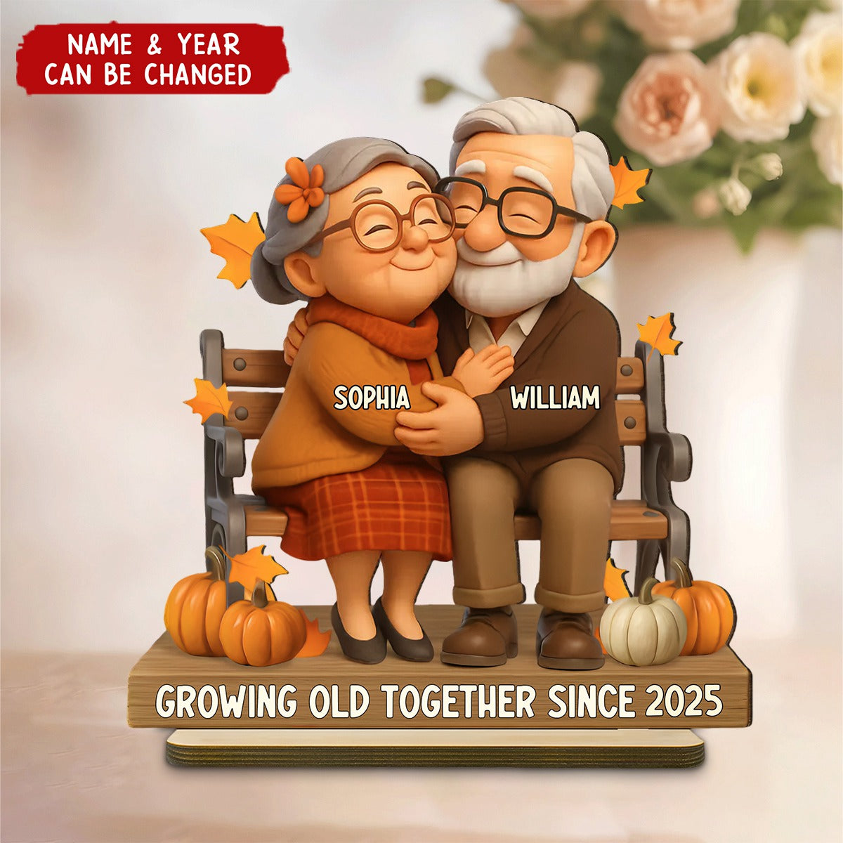 Old Couple Sitting Hugging Personalized Standing Wooden Plaque, Fall Decor for Couples