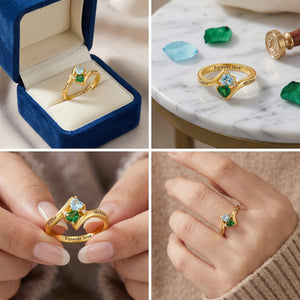 Forever In Love - Personalized Double Heart Birthstones Ring,  Gift for Couple