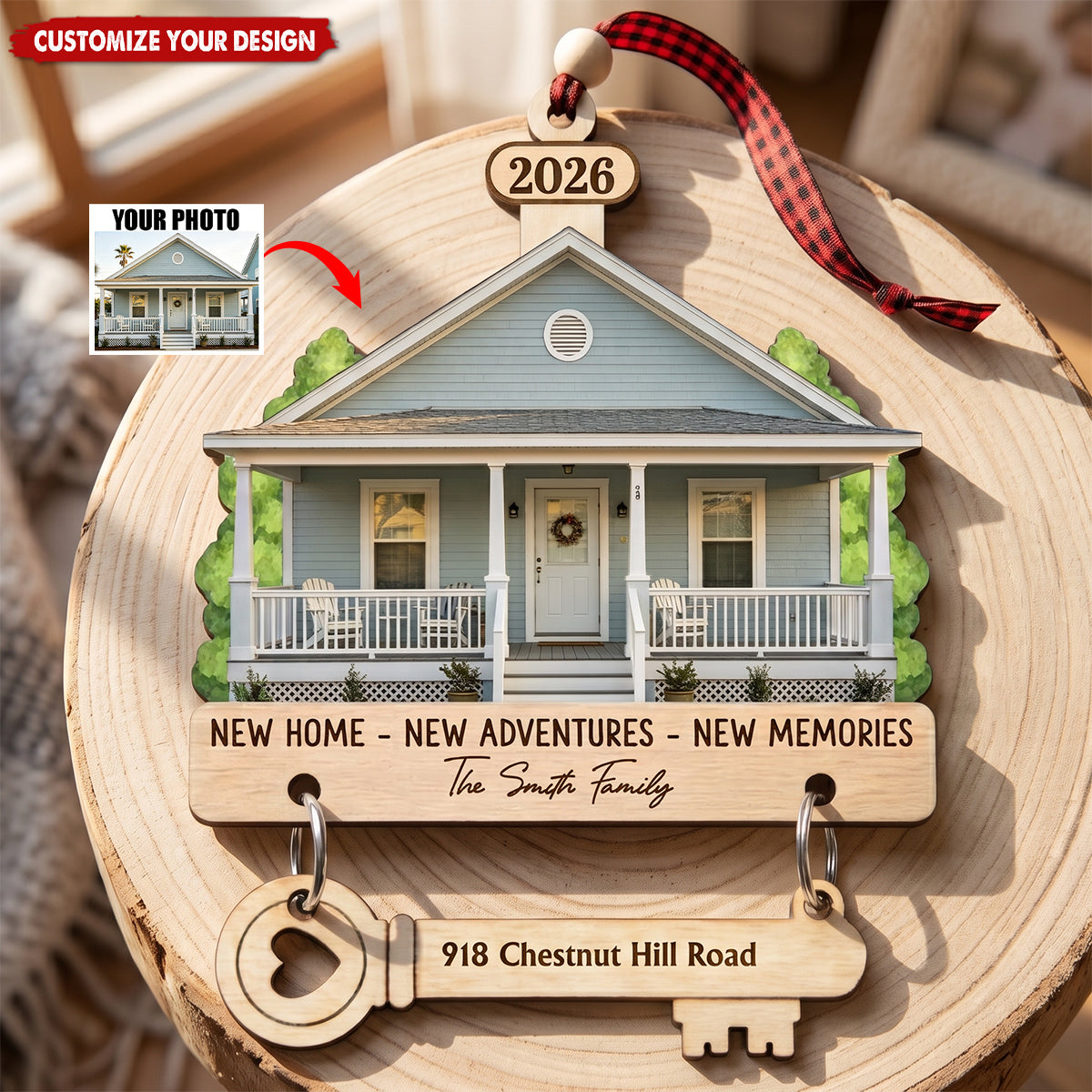 Custom Photo New Home Wooden Ornament With Tag - Personalized Anniversary Christmas Wedding Gifts