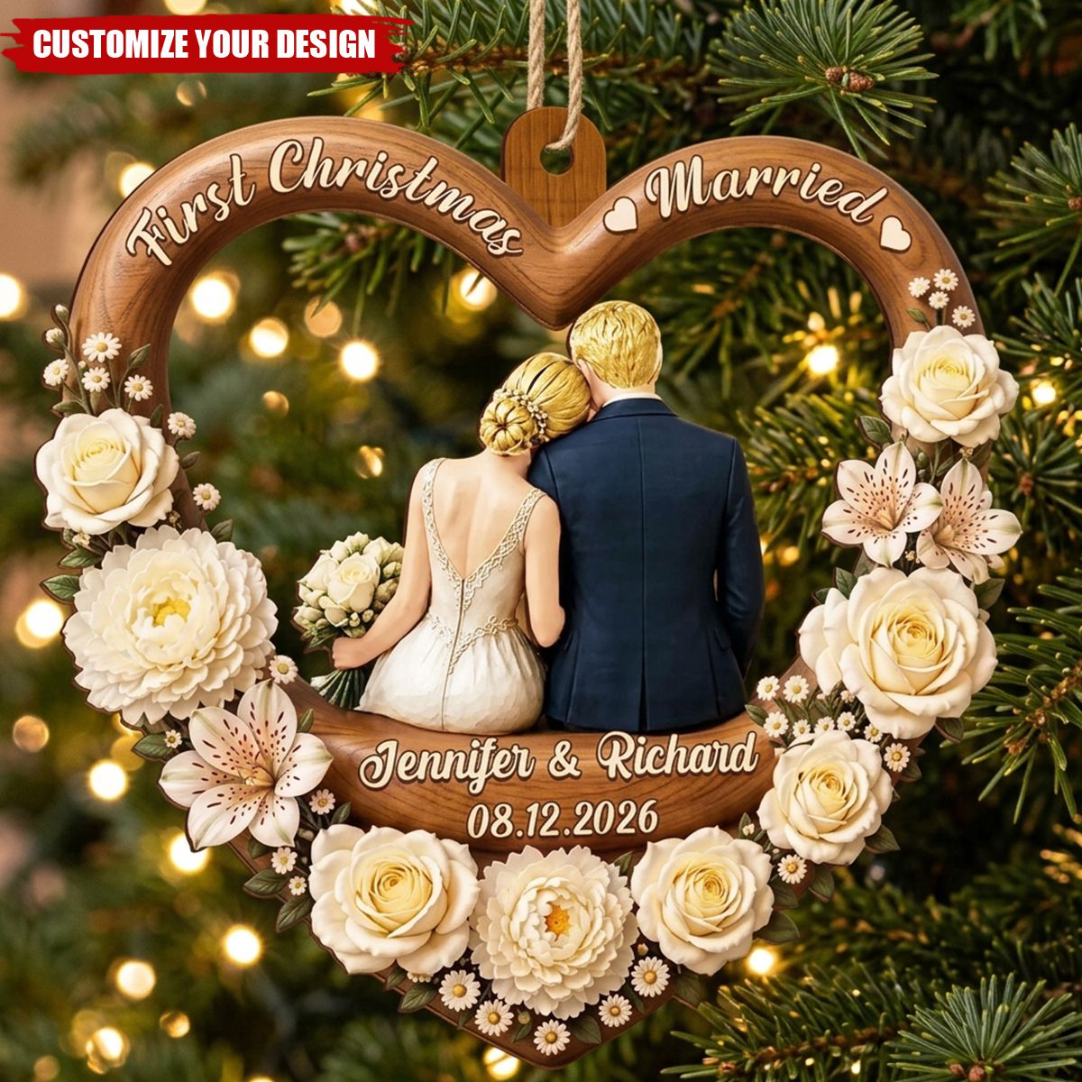First Christmas Married Wooden Ornament, Seated Bride & Groom From Behind by a Glowing Tree, Creative Gift for Newlyweds