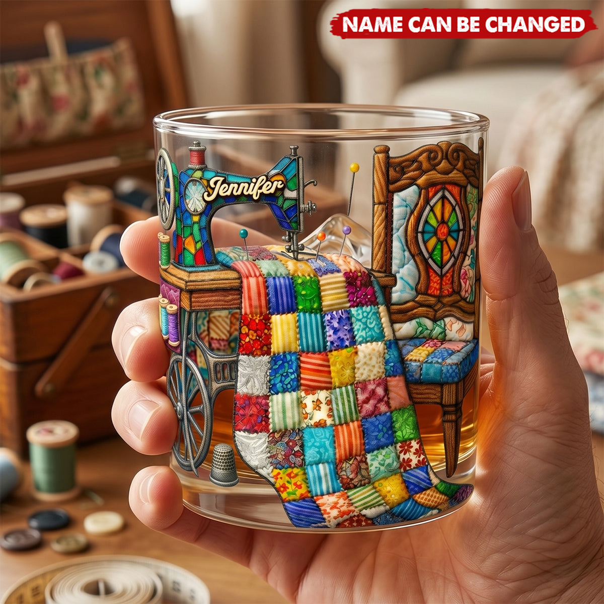 The Quilter's Sanctuary  - Personalized Whiskey Glass, Gift For Sewing Lover