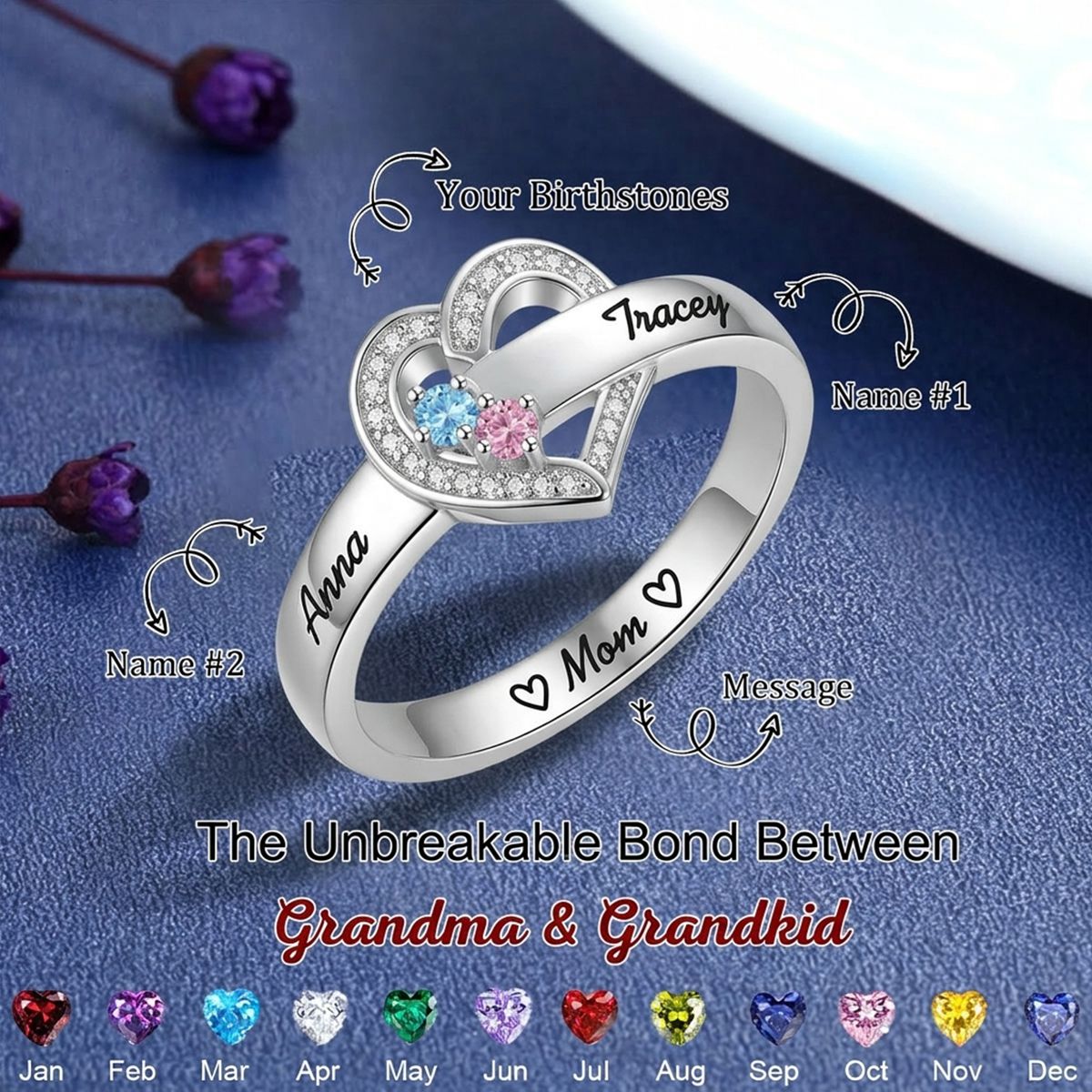 Custom Name Gemstones Jewelry Heart Shaped For Grandma Mom - Personalized Birthstone Heart Ring
