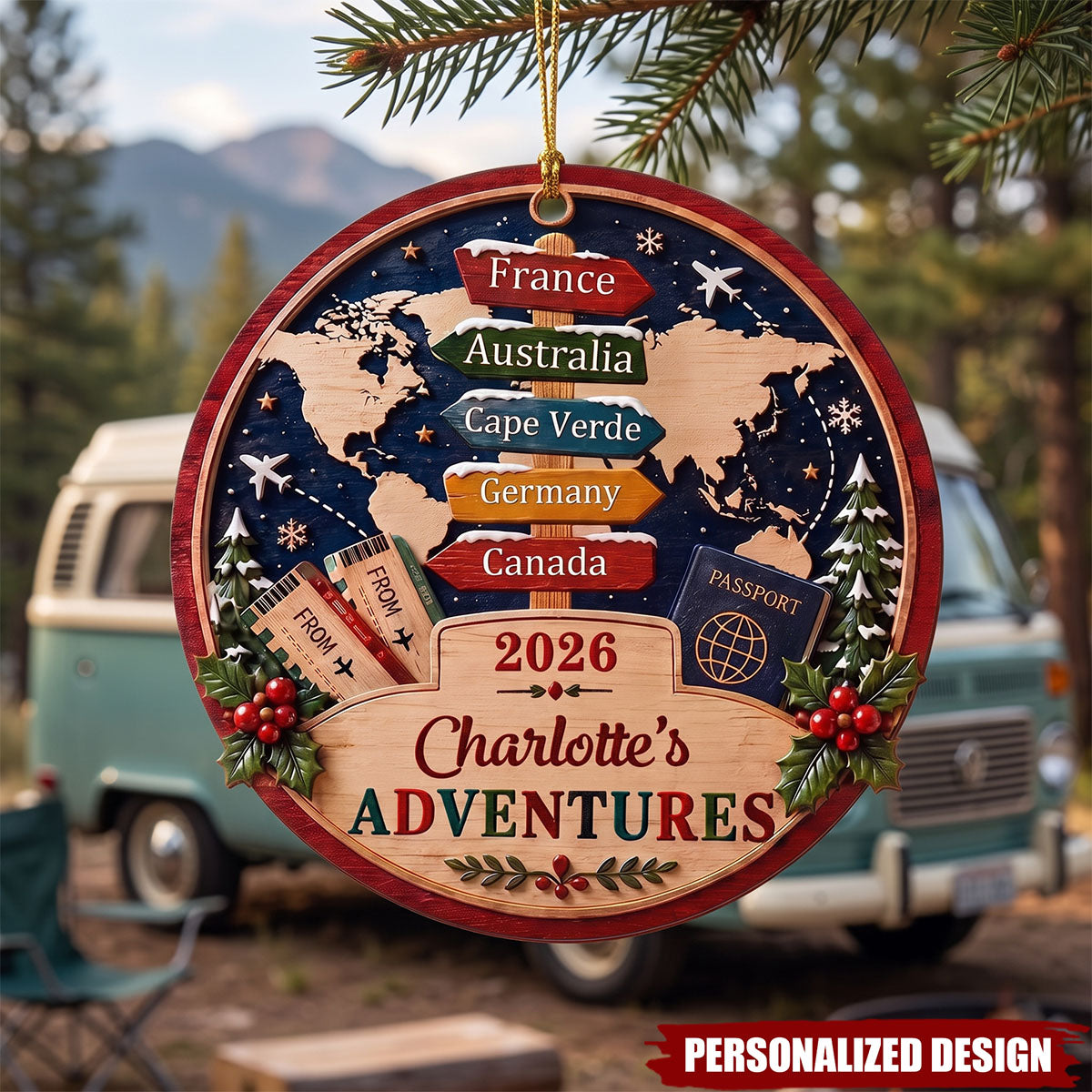 Custom Adventures Wooden Christmas Ornament - Personalized World Traveler Vacation Keepsake
