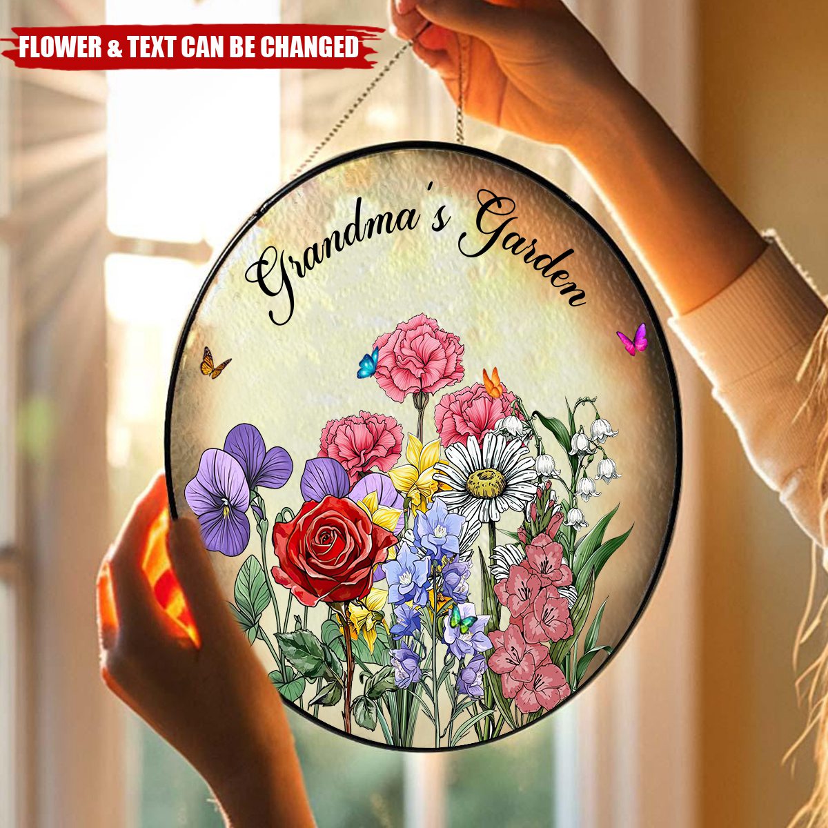 Grandma's Garden - Personalized Family Birth Flowers Glass Window Hanging Suncatcher