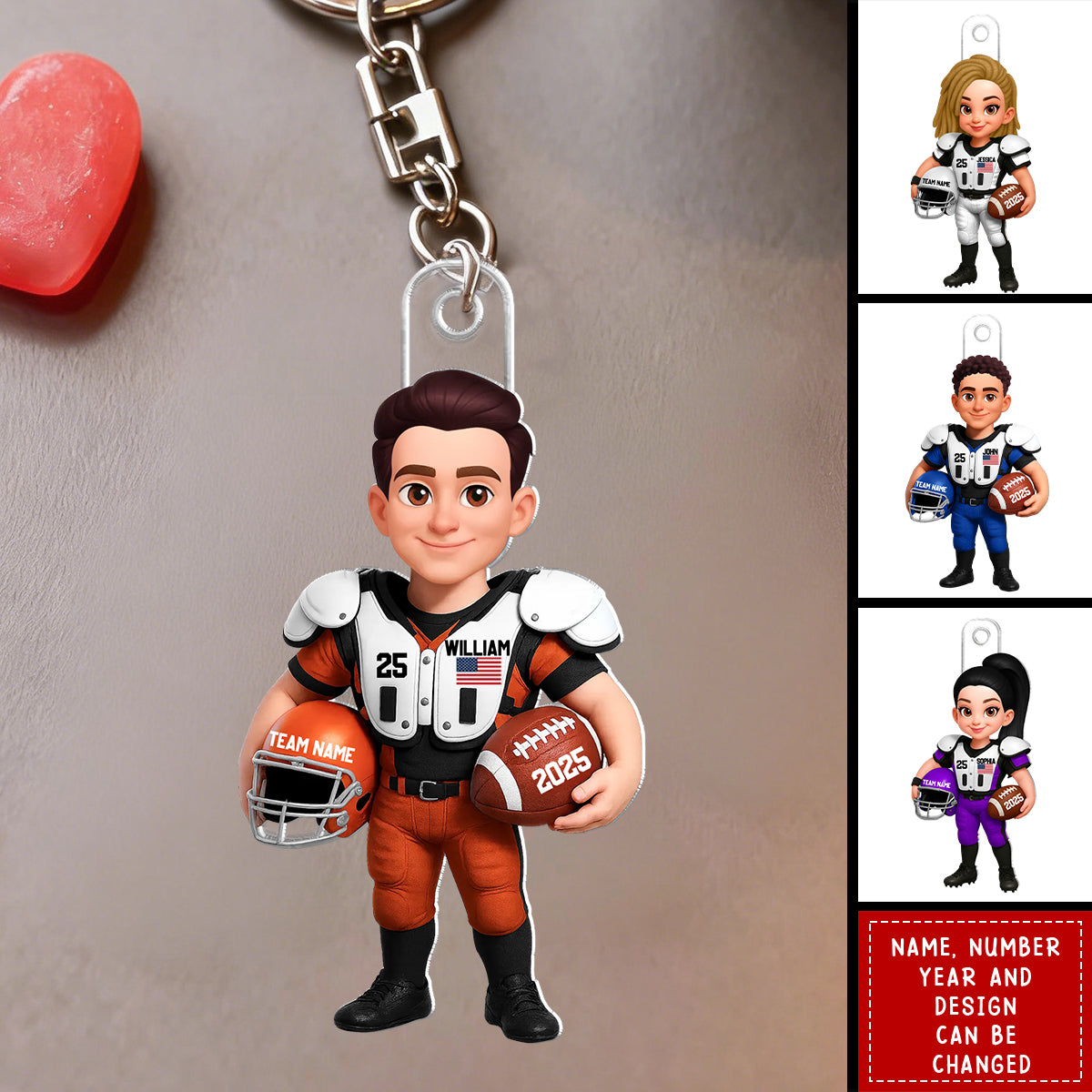 3D Effect Proud American Football Player - Personalized Keychain