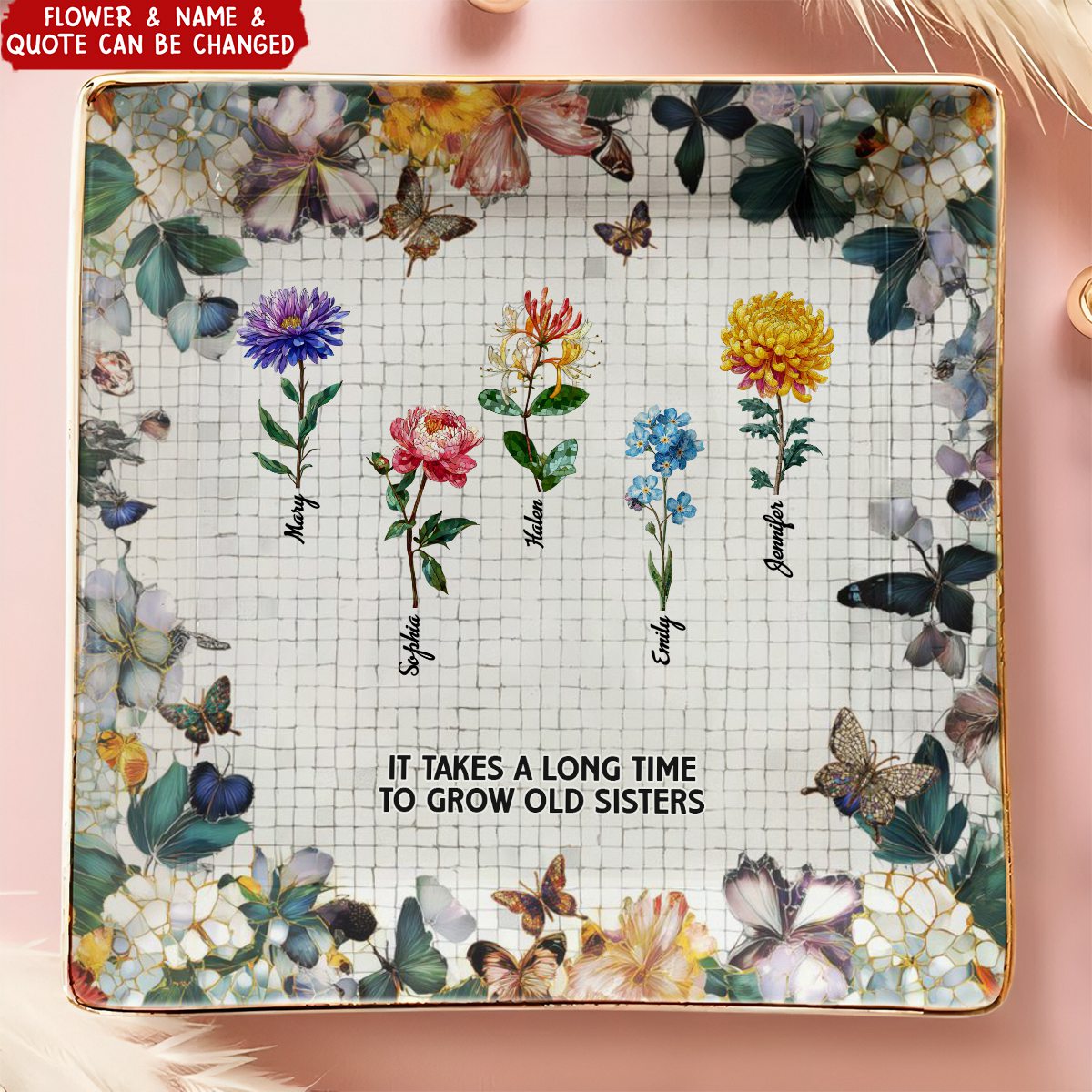 Mosaic Style Birth Flowers A True Friendship Is A Journey - Personalized Jewelry Dish