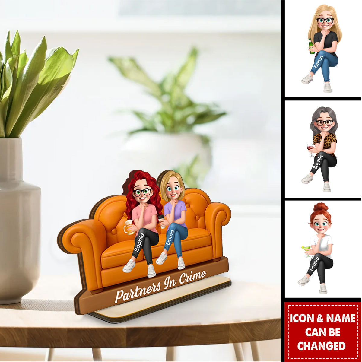 Besties Sitting On Sofa Personalized Wooden Standing Plaque, Gift for Besties, Sisters, Best Friends