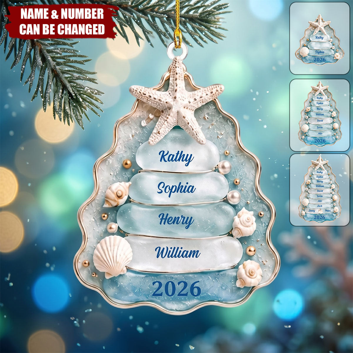 Personalized Sea Glass Family Tree Acrylic Ornament - Custom Coastal Christmas Gift for Family
