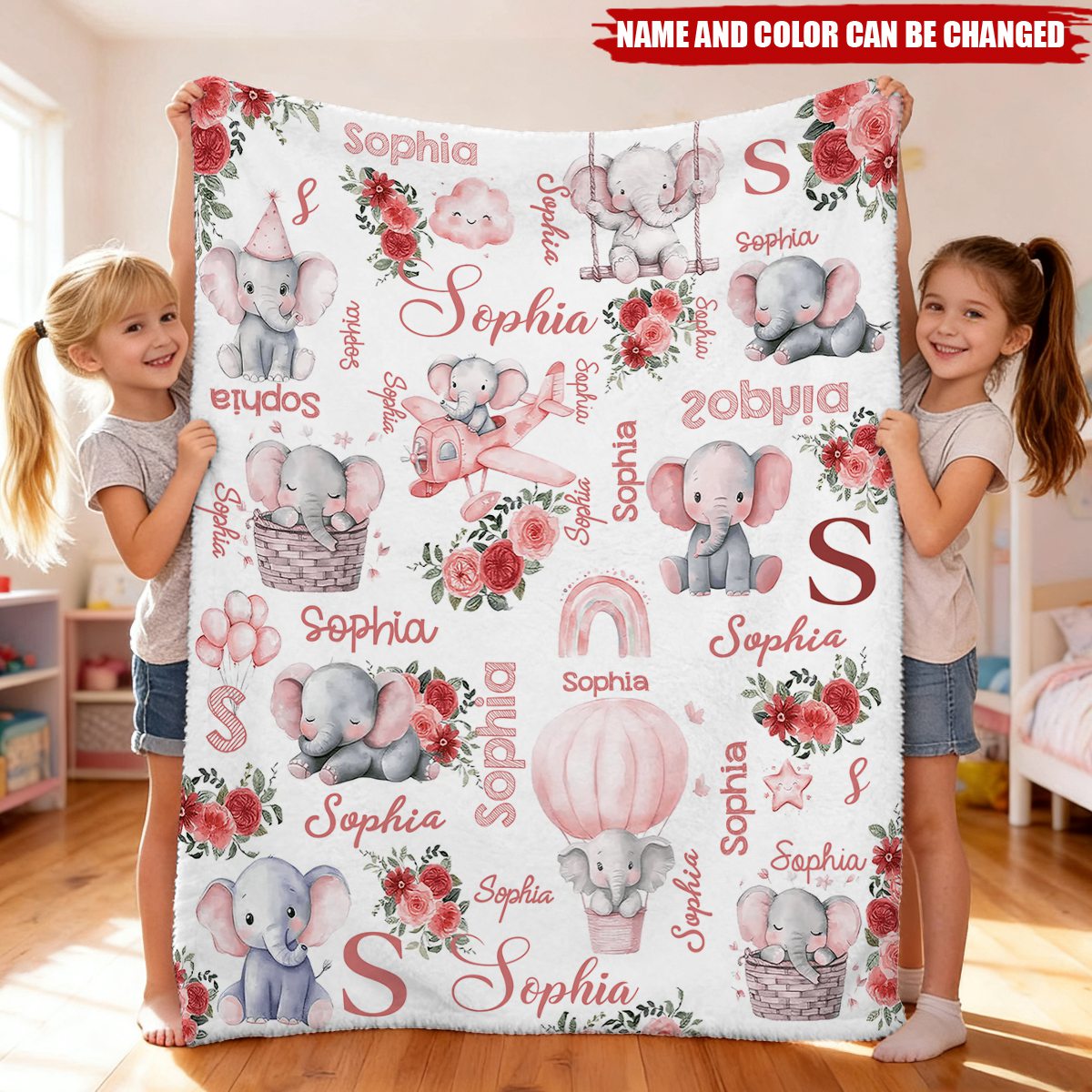 Custom Name Baby Fleece Blanket with Cute Pink Elephant Illustrations, Lightweight Cozy Throw, Adorable Personalized Gift
