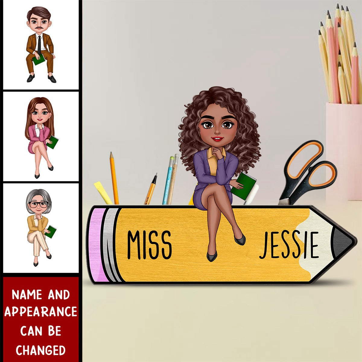 Doll Teacher Sitting On Pencil Personalized Wooden Pen Pencil Holder