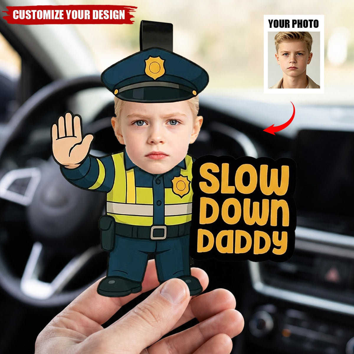 Personalized Cute Kid Face Photo Traffic Officer Acrylic Car Visor Clip Car Accessories Gift