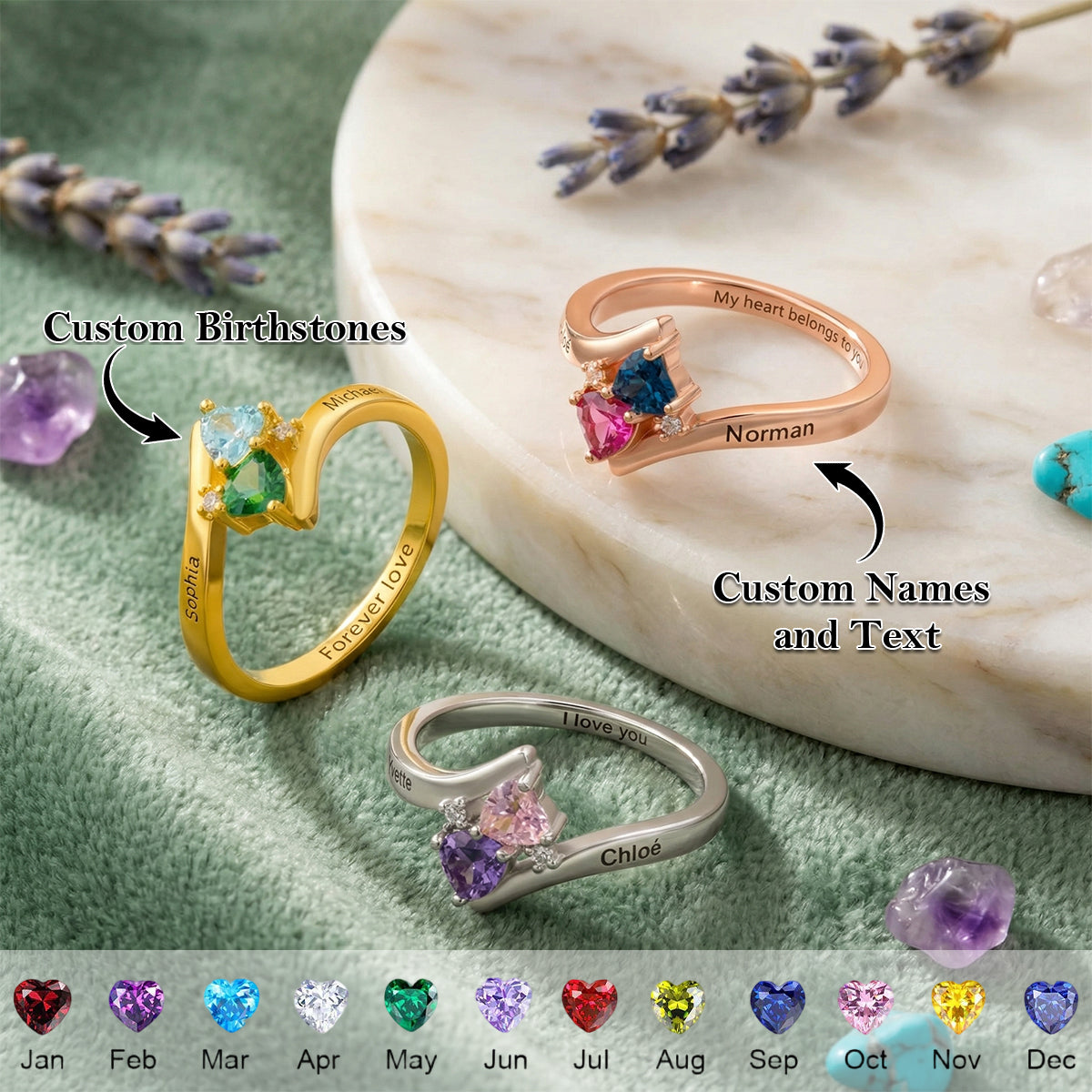 Forever In Love - Personalized Double Heart Birthstones Ring,  Gift for Couple