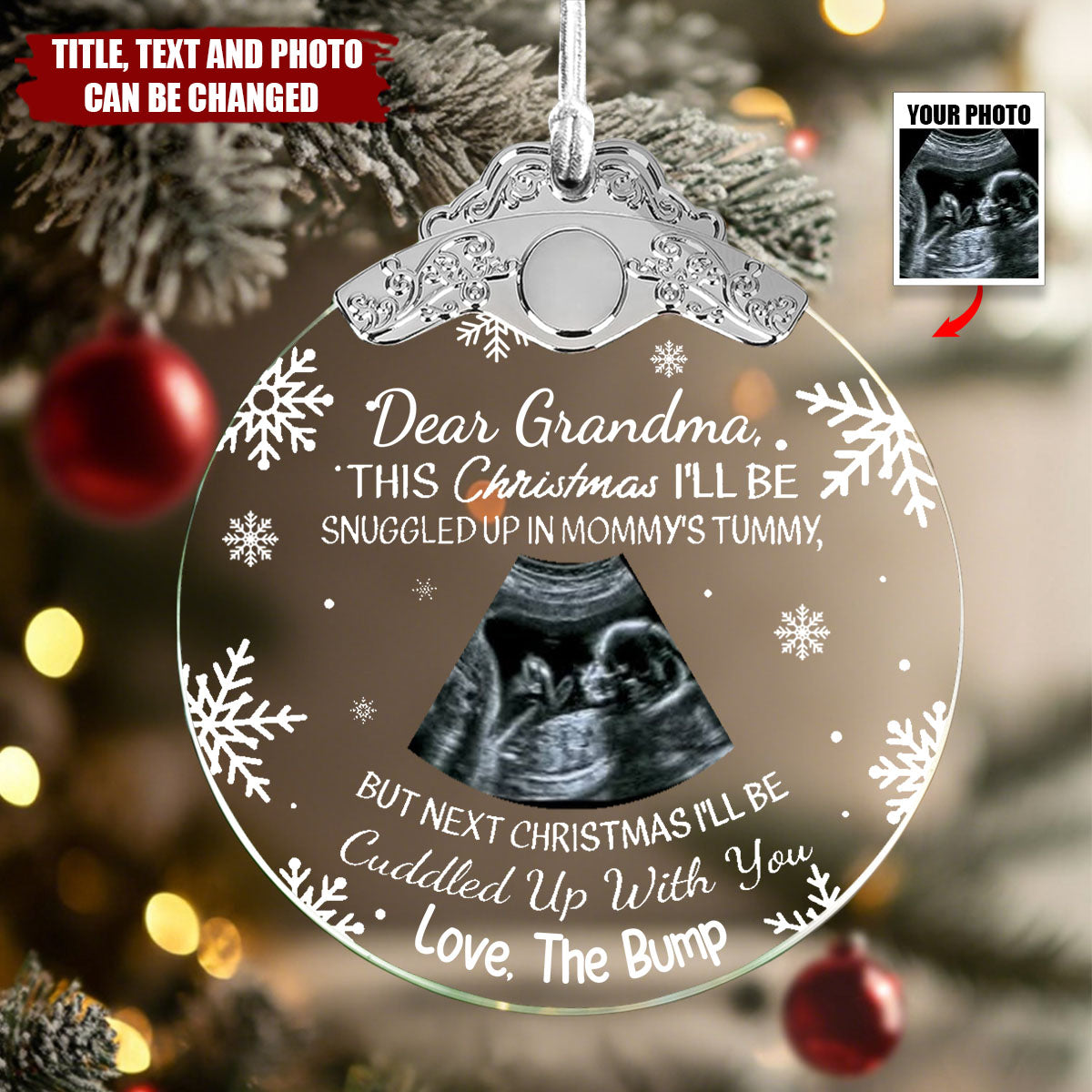 First Christmas Baby Bump Custom Ultrasound - Personalized Glass Photo Ornament With Silver Cap