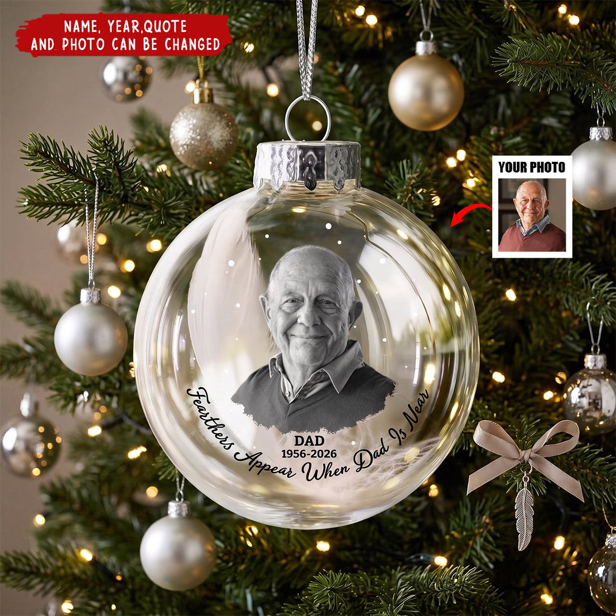 Custom Photo Feathers Appear When Dad Is Near - Personalized Bauble Ornament