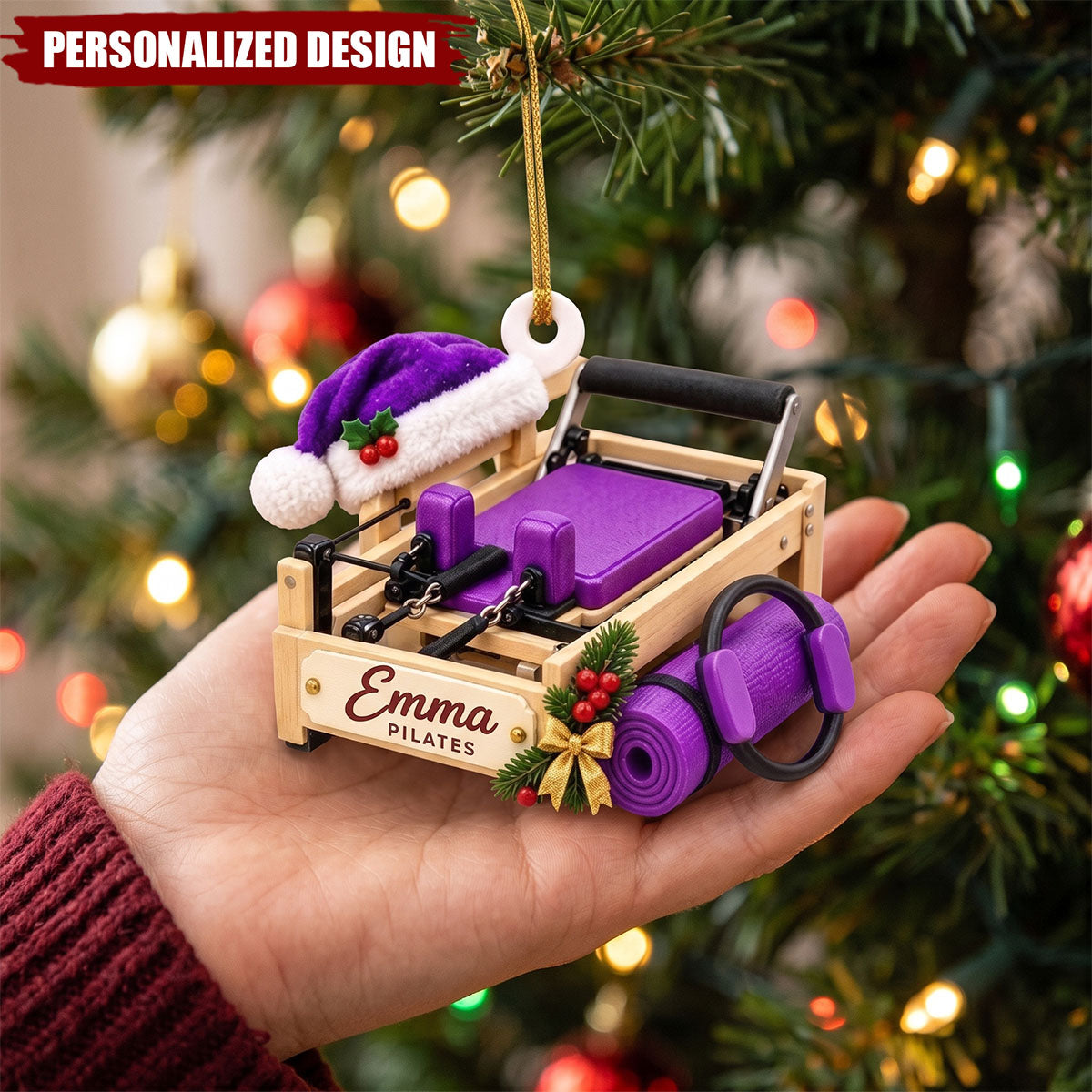 Personalized Pilates Reformer Christmas Ornament, Custom Name Gift for Pilates Lovers and Instructors