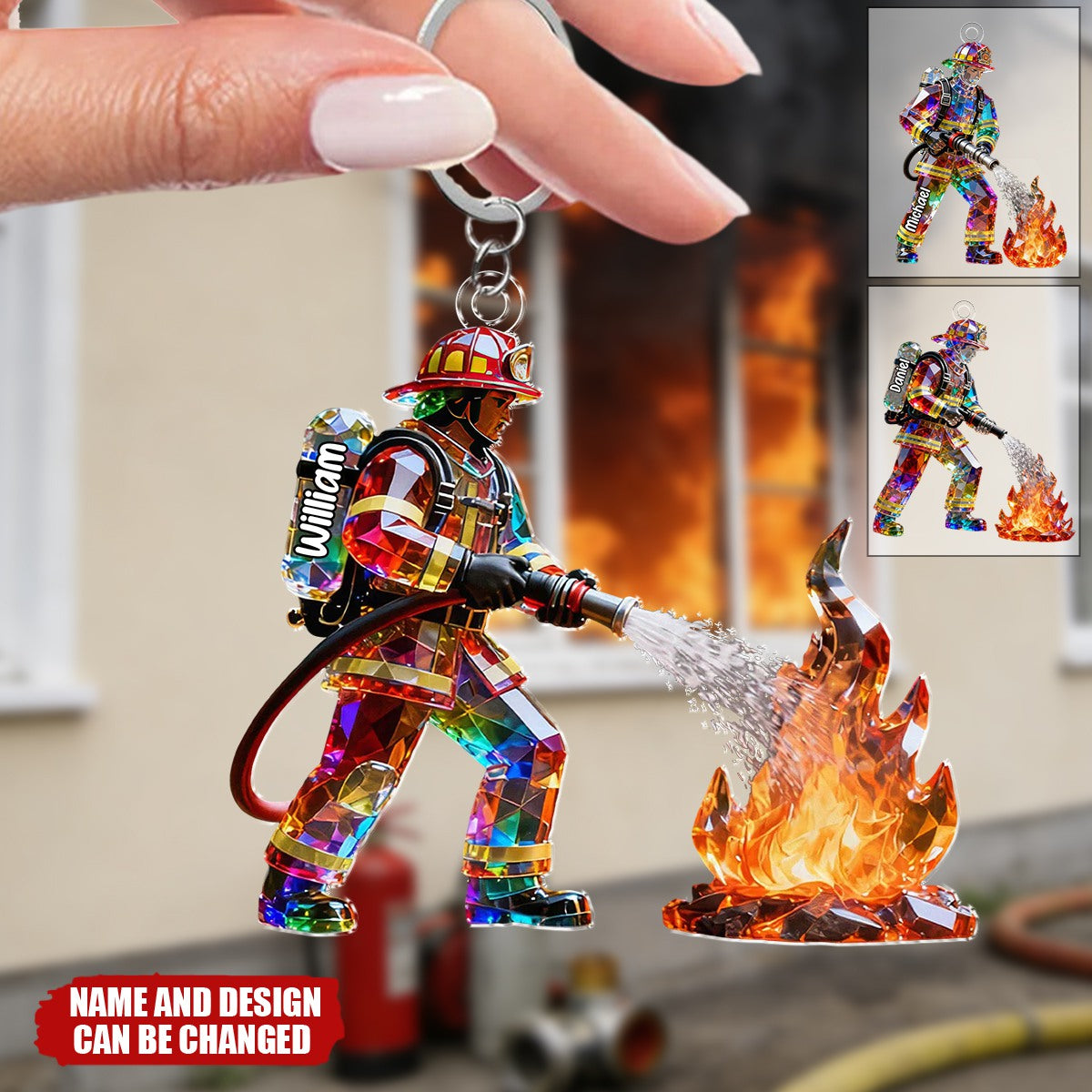 Firefighter Figurine Stained Glass Crystal Effect  - Personalized Keychain