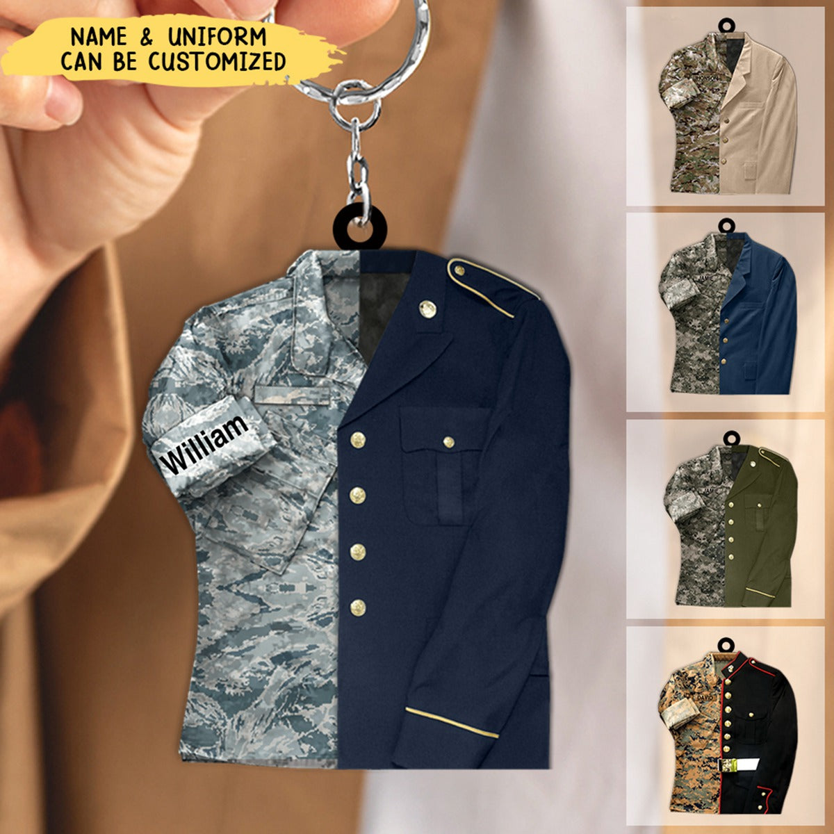 Military Camouflage and Dress Blues Uniform Personalized Acrylic Keychain For Military Veteran