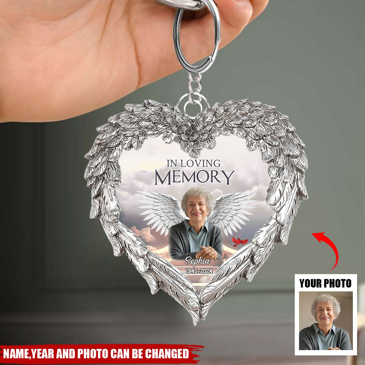 Memorial Upload Photo Wings, In Loving Memory In Heaven Personalized Keychain