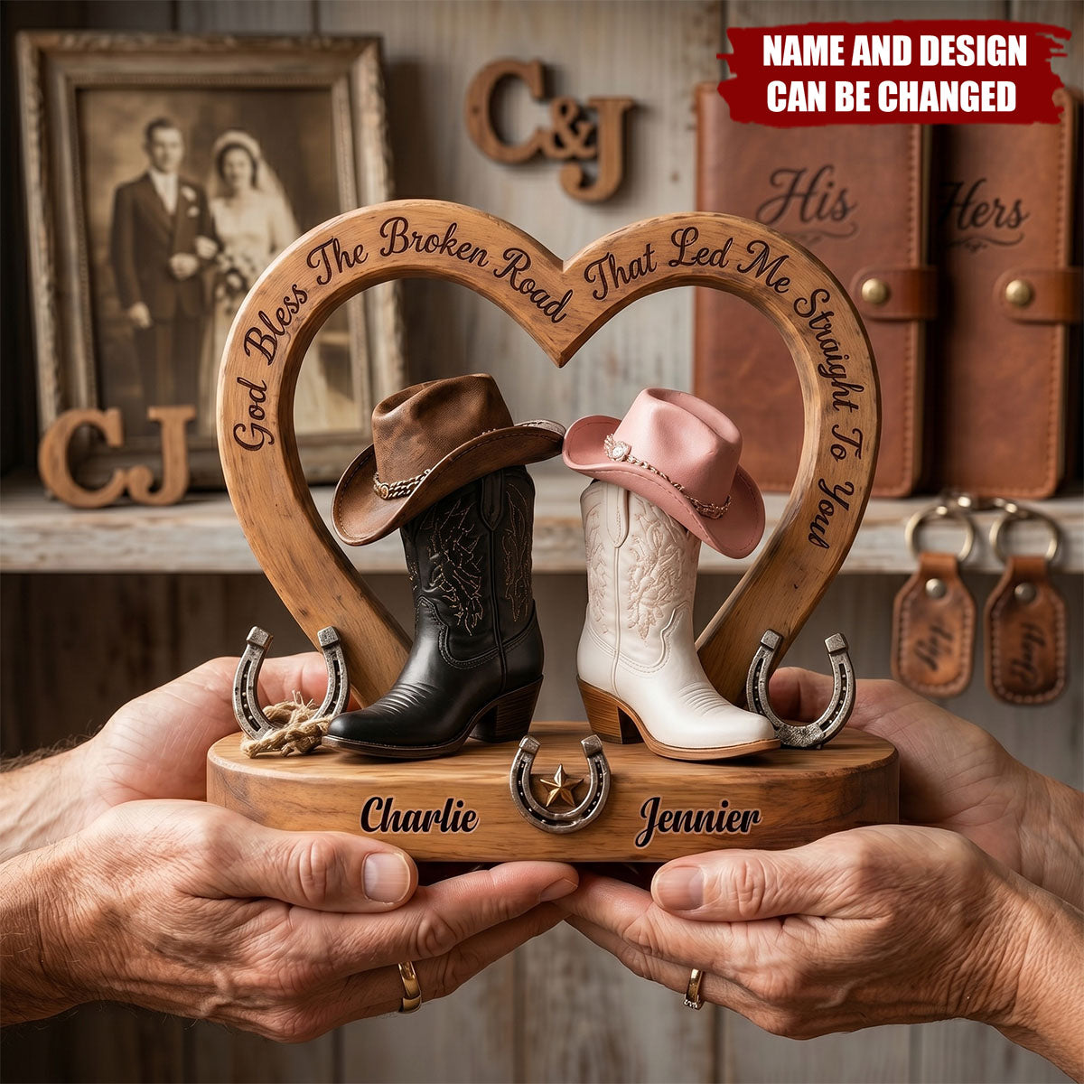 Cowboy & Cowgirl Couple - Personalized Wooden 4-Layer Block