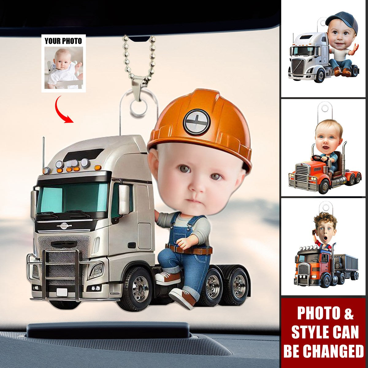 Custom Photo Kid Truck Acrylic Car Ornament - Gifts For Kid Trucker