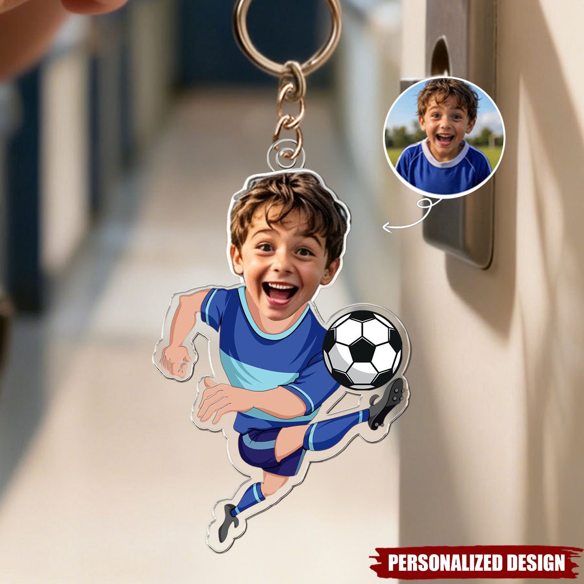 Personalized Photo Soccer Boy Acrylic Keychain - Custom Kid Face Football Player Keyring Gift