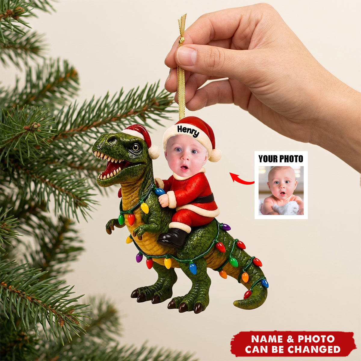 Baby Santa Riding Dinosaur - Personalized 3D Effect Acrylic Ornament