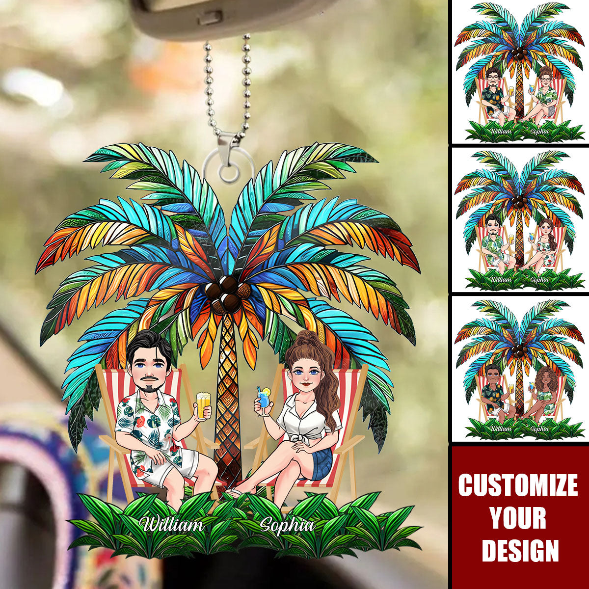 Under The Palm Tree Happy Couple - Personalized Couple Car Ornament