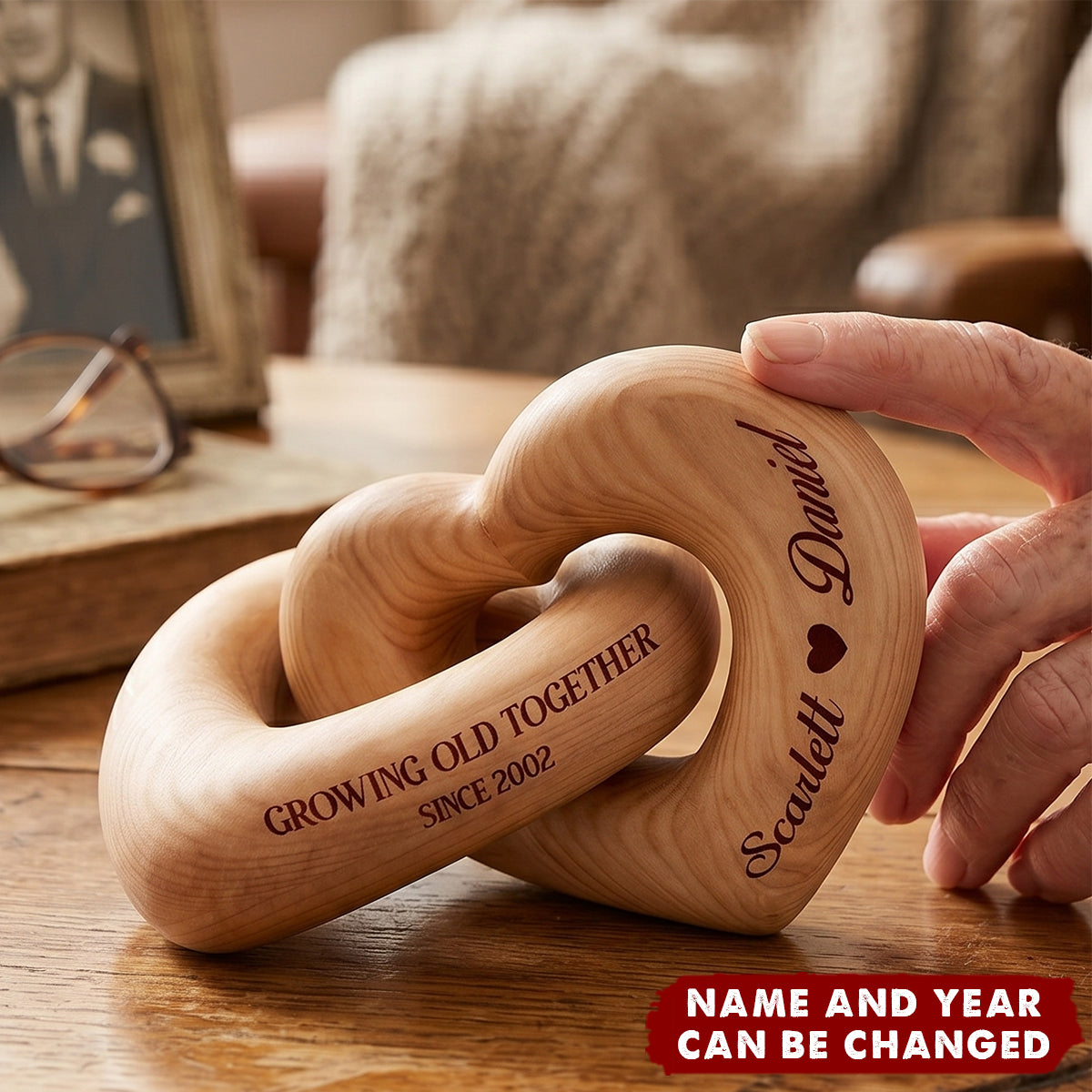 Growing Old Together - Personalized Interlocking Wooden Hearts