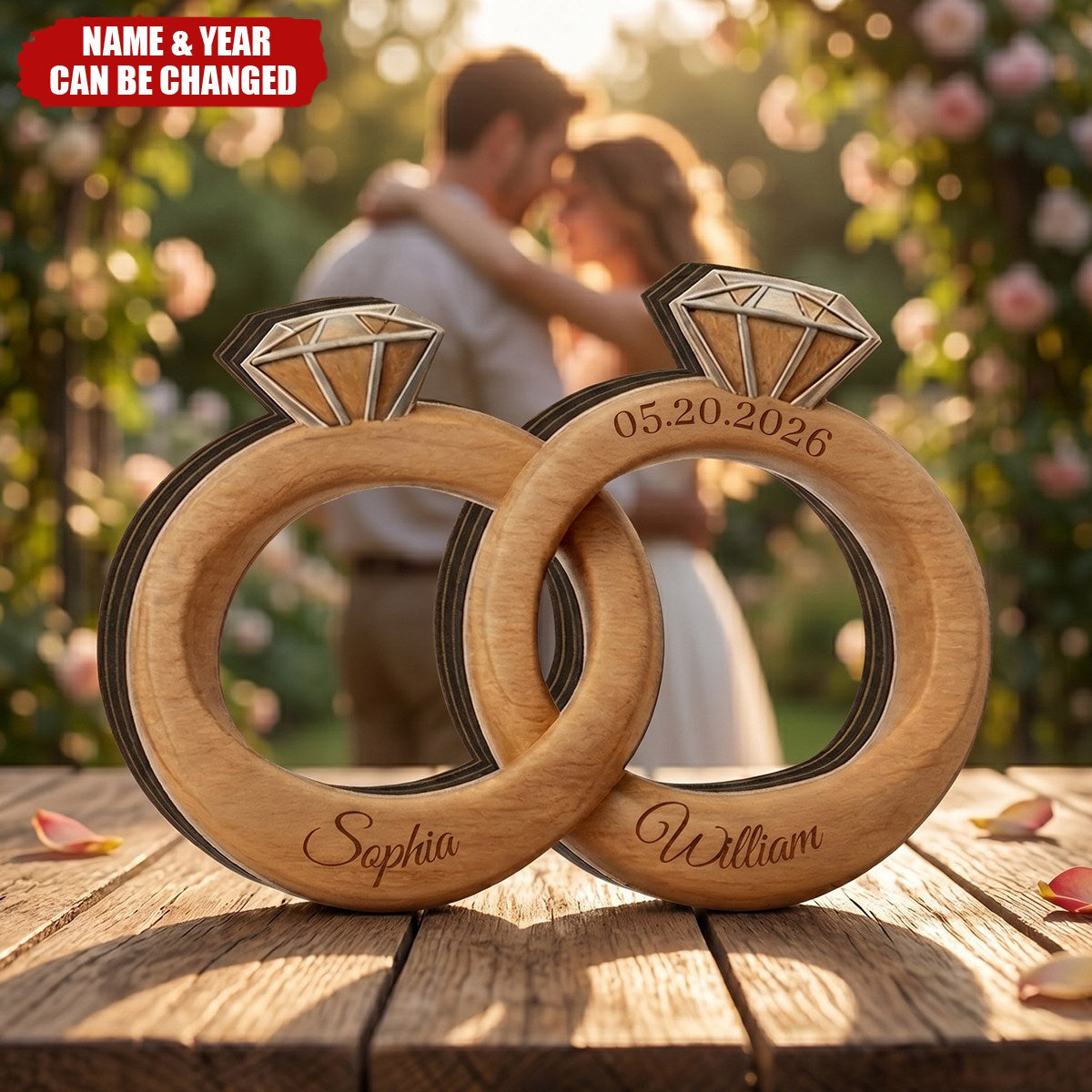 Personalized Wedding Ring Wooden Sign, Custom Couple Names Engagement Ring Decor