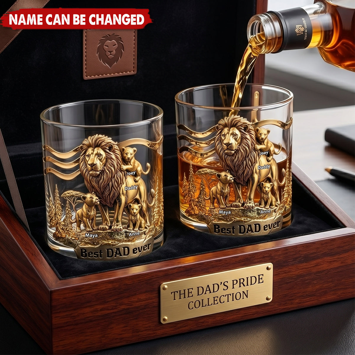 Lion Dad And Kids - Personalized Whiskey Glass,  Father's Day Gift For Dad, Grandpa