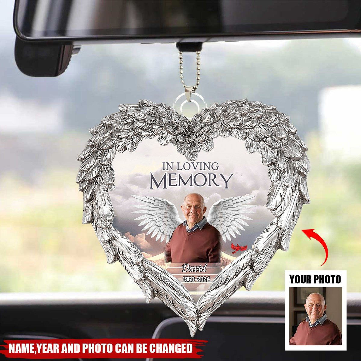 Memorial Upload Photo Wings, In Loving Memory In Heaven Personalized Car Ornament