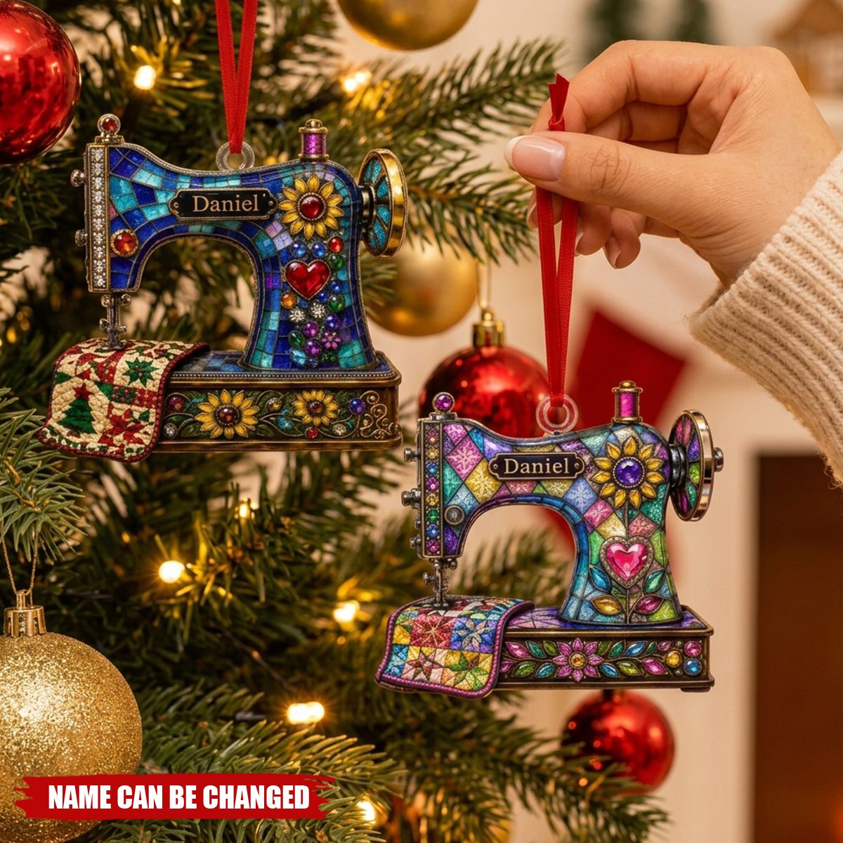 Personalized Stained‑Glass Sewing Machine Christmas Ornament, 2 Style Options Custom Name Keepsake Ornament, Gift For Sewers, Quilters & Grandma