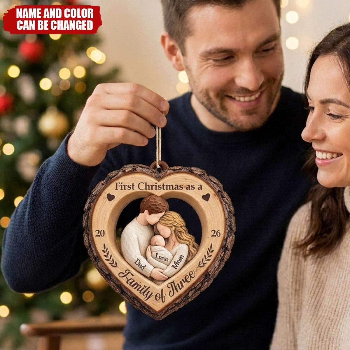 First Christmas as a Family of Three - Personalized Wooden Ornament for New Parents