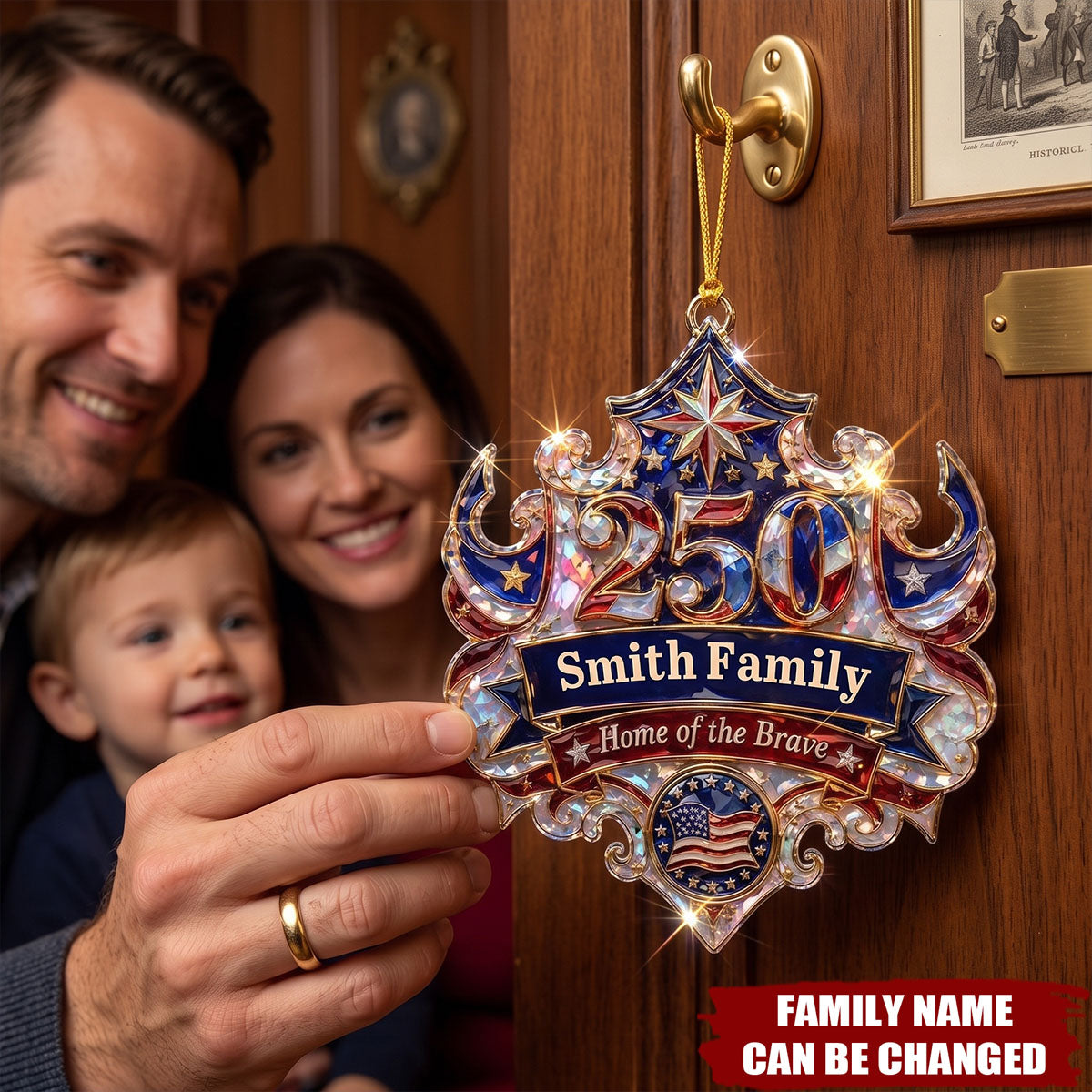 Custom Home Of The Brave Hologram Acrylic Ornament, Personalized USA 250th Patriotic Family Keepsake