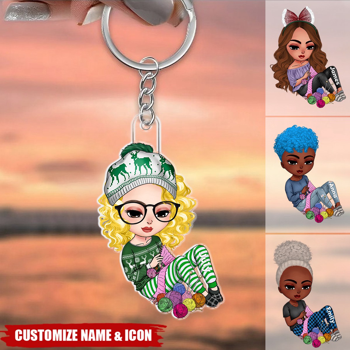 Knitting Girl Personalized Acrylic Keychain, Gift For Knitting Lovers