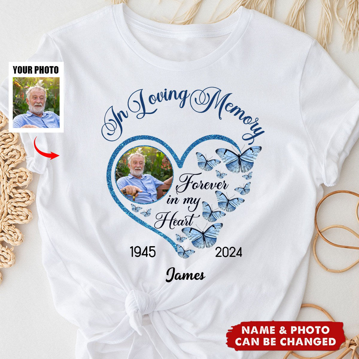 In Loving Memory Sparkling Heart Memorial Butterflies Personalized T-Shirt