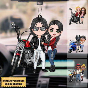 MOTORCYCLE COUPLE HUGGING, RIDING PARTNERS - PERSONALIZED ORNAMENT FOR MOTORCYCLE LOVERS, BIKERS