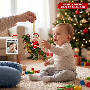 Baby Santa Riding Dinosaur - Personalized 3D Effect Acrylic Ornament