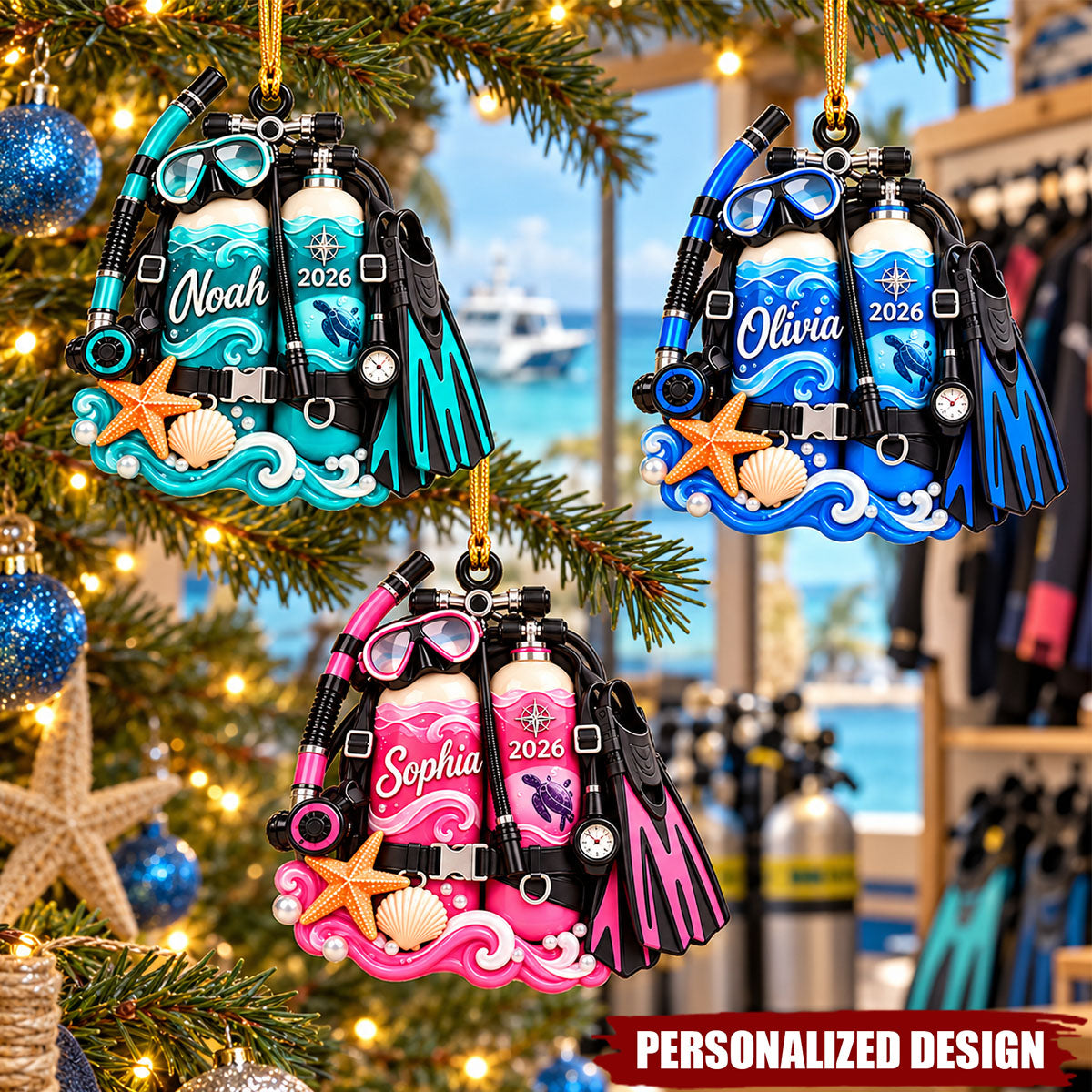 Personalized Scuba Diving Equipment Ornament, Custom Christmas Diving Gift