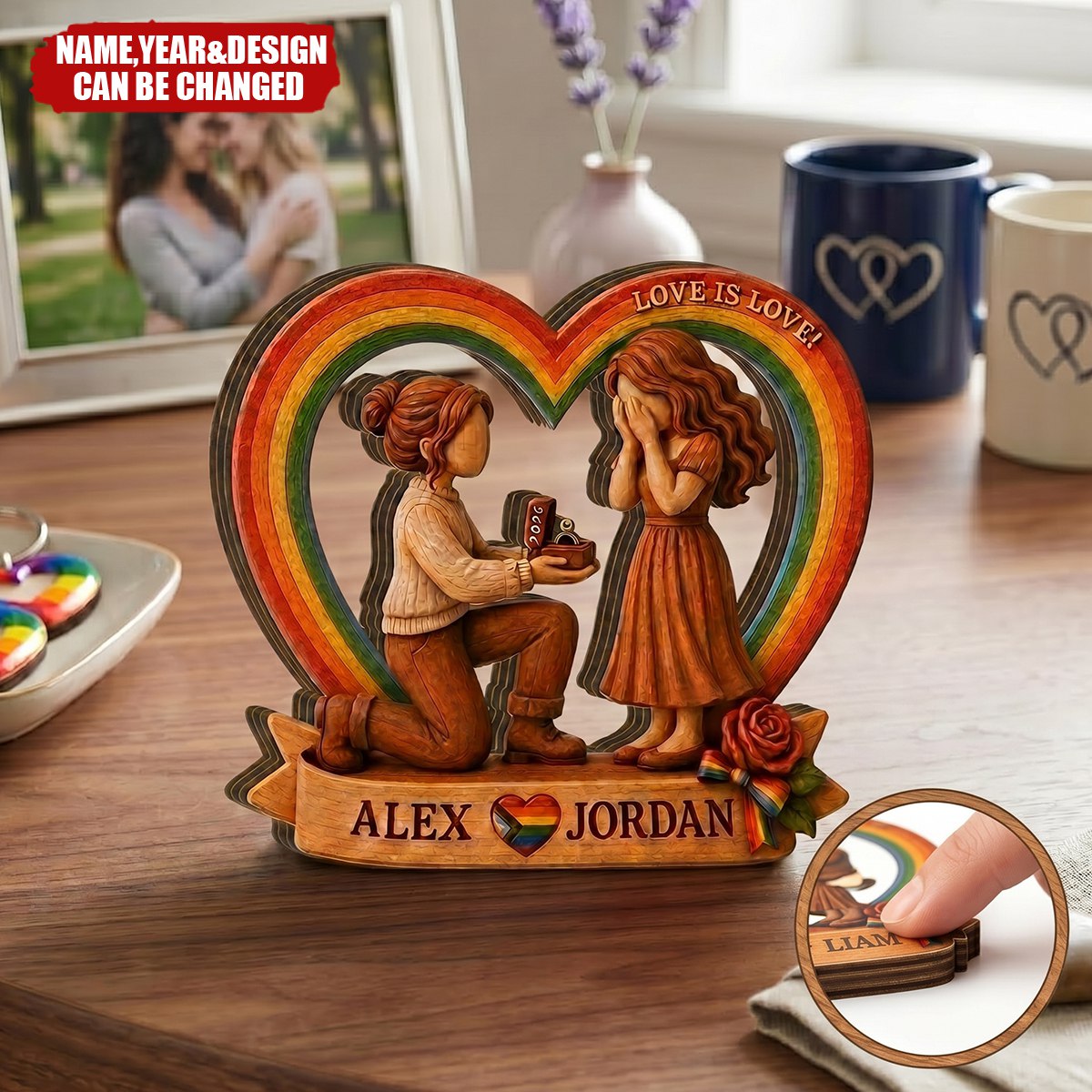 Pride Engagement Art – Personalized Wooden 4-Layer Block, Unique 2D Layered Home Decor