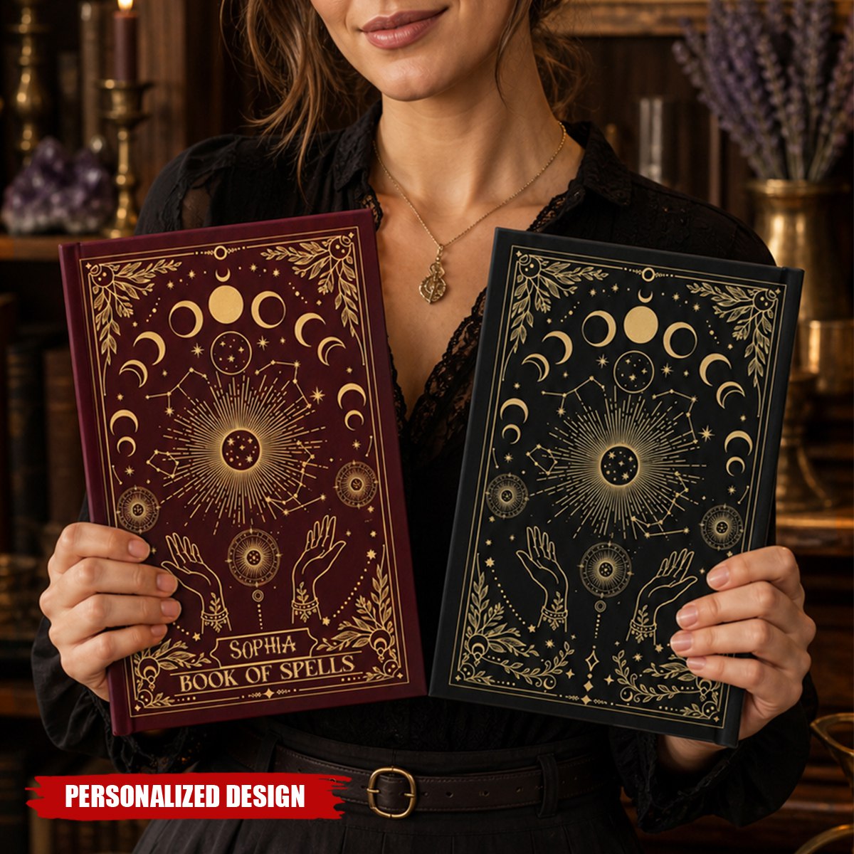 Personalized Book Of Spells Hardcover Journal - Custom Name Celestial Moon Phase Witchy Notebook