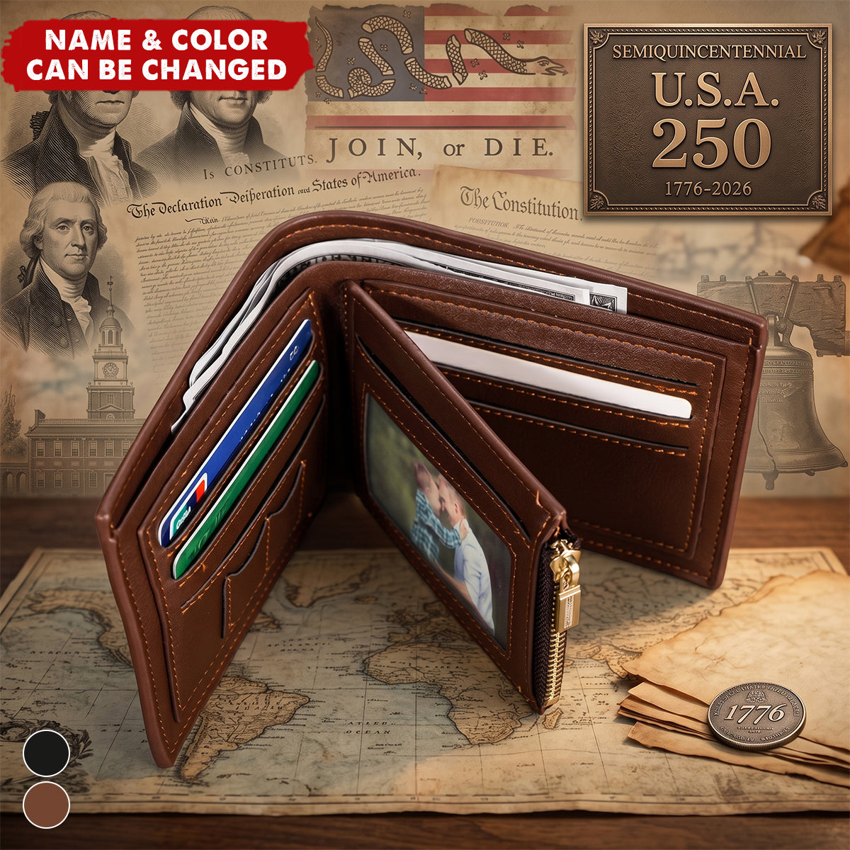 Customized USA 250th Anniversary Wallet - Personalized Name - The Patriot's Gift