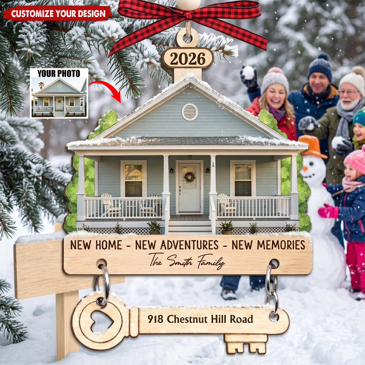 Custom Photo New Home Wooden Ornament With Tag - Personalized Anniversary Christmas Wedding Gifts