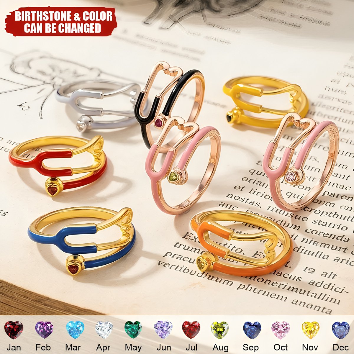 Personalized Multicolor Enamel Stethoscope Heart Birthstone Ring Nurses Week Appreciation Gift for Nurse Doctor Medical Staff