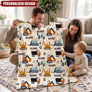 Construction Vehicle Custom Baby Name - Personalized Fleece Blanket