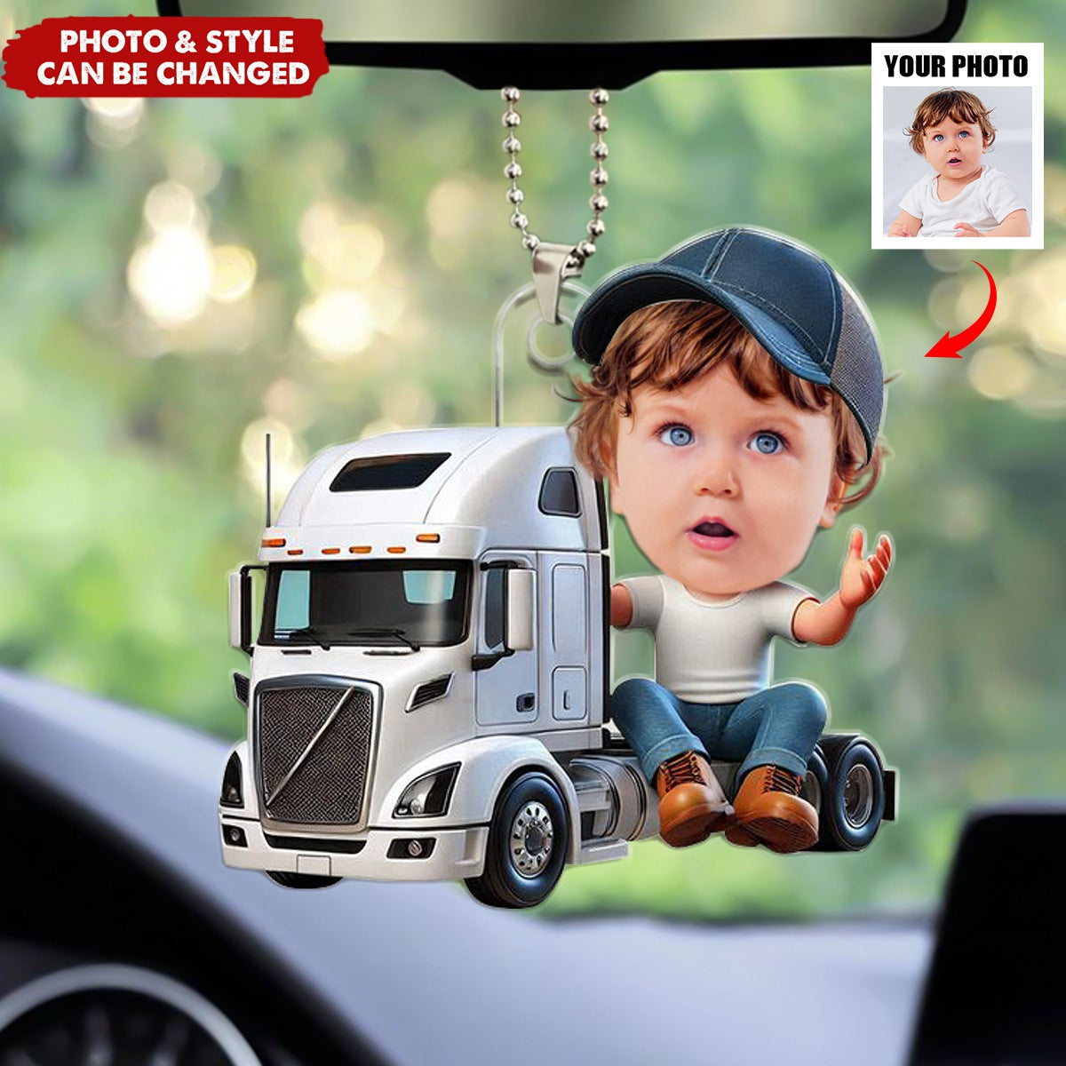 Custom Photo Kid Truck Acrylic Car Ornament - Gifts For Kid Trucker