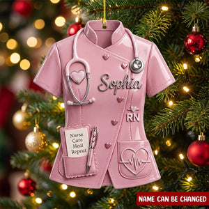 Personalized Nurse Christmas Ornament, Custom Name Scrub Top Decor, Pink RN Medical Keepsake